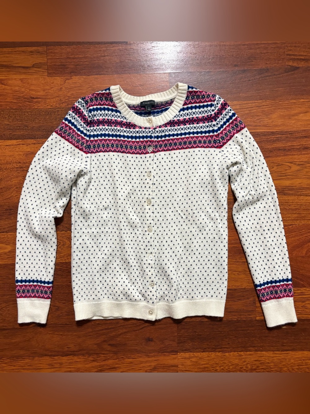 Talbots Cream Fair Isle Cardigan with Pink & Navy Accents